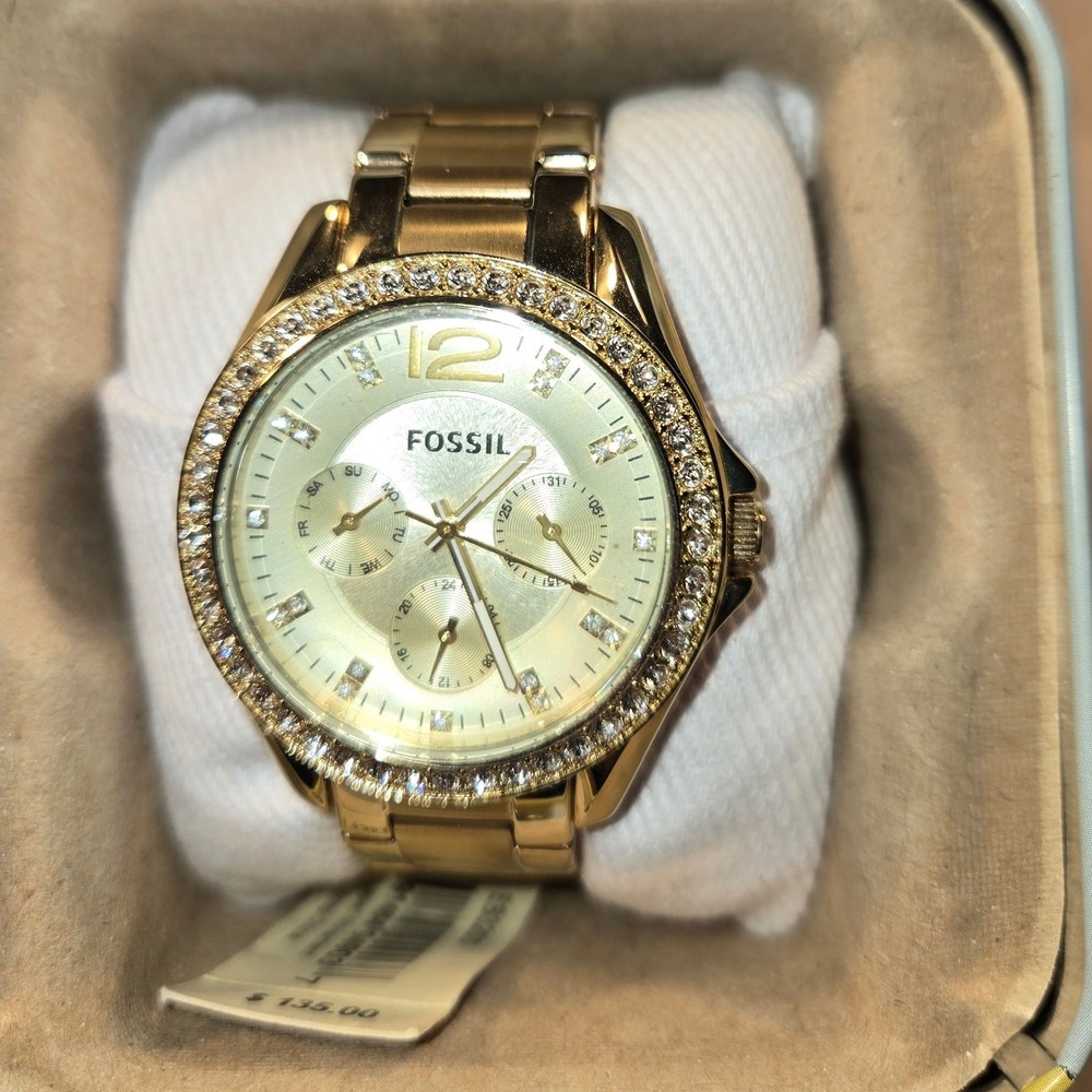 Fossil Riley Gold Tone Stainless Steel Crystal Multifunction Watch ES3203 NEW